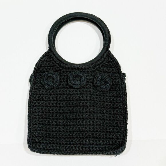 WOMEN CROCHET BLACK VINTAGE CLUTCH PURSE HANDBAG BAG WITH FLOWERS BOHO STYLE - Picture 1 of 15